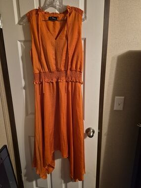 Sam Edelman Bright Orange V‑Neck Midi Dress with Smocked Waist